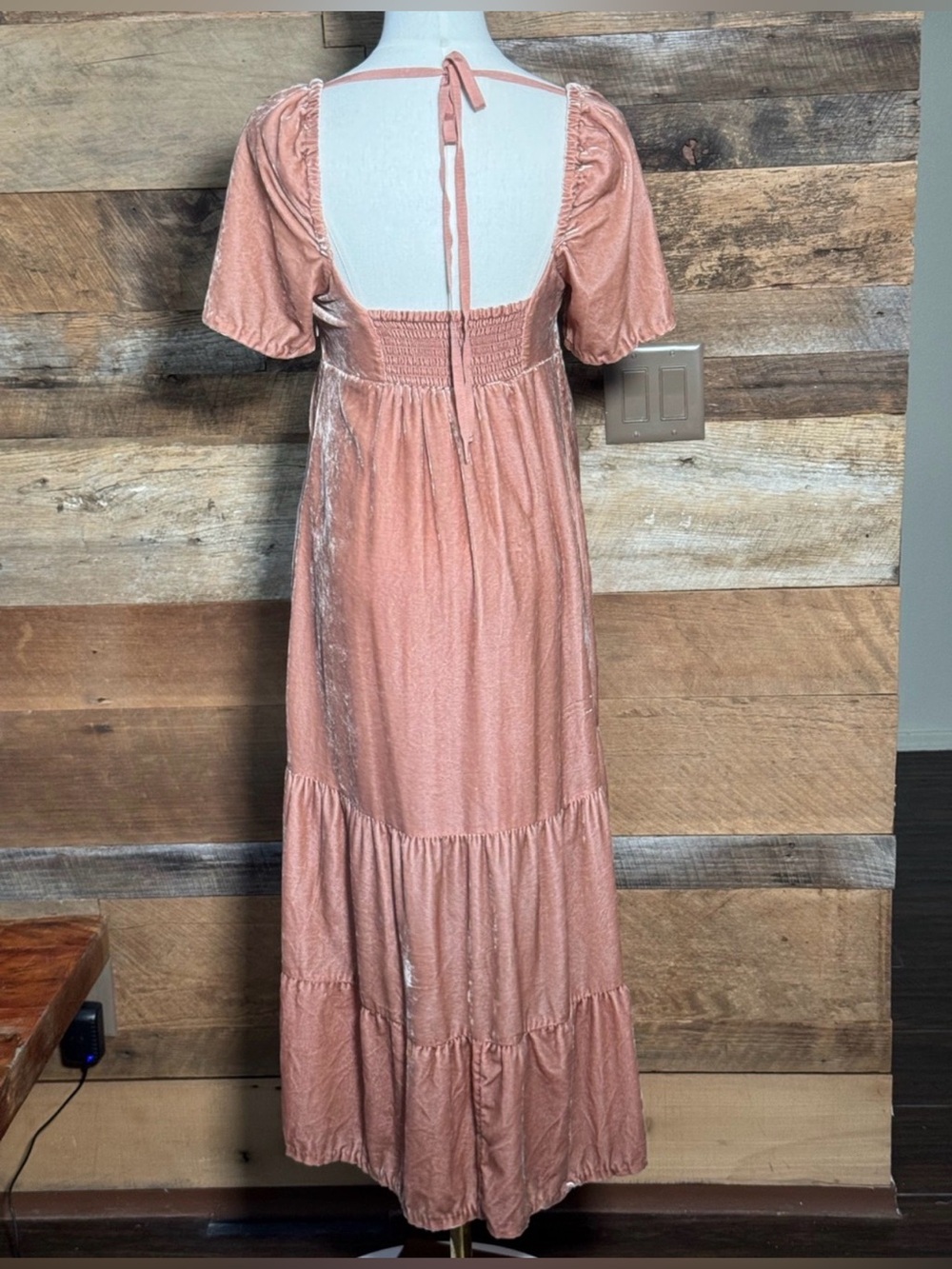 Anthropologie Velvet Empire Waist Tiered Midi Dress Dusty Rose Size 4P - Picture 2 of 16